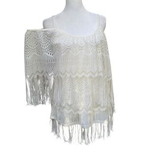 VaVa by Joy Han Cream Fringe Lace Cold Shoulder Top